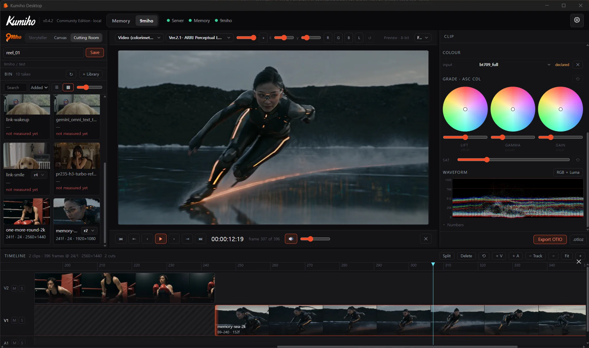 The Cutting Room: takes with revisions in the bin, a colour-managed viewer, measured clip properties with ASC CDL wheels and a waveform, and the timeline below.
