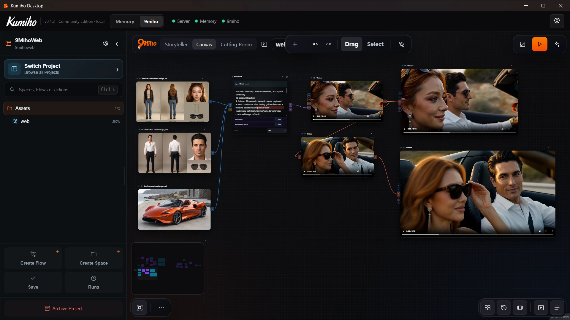 Full Canvas workspace with project navigation, graph, previews, and production drawers
