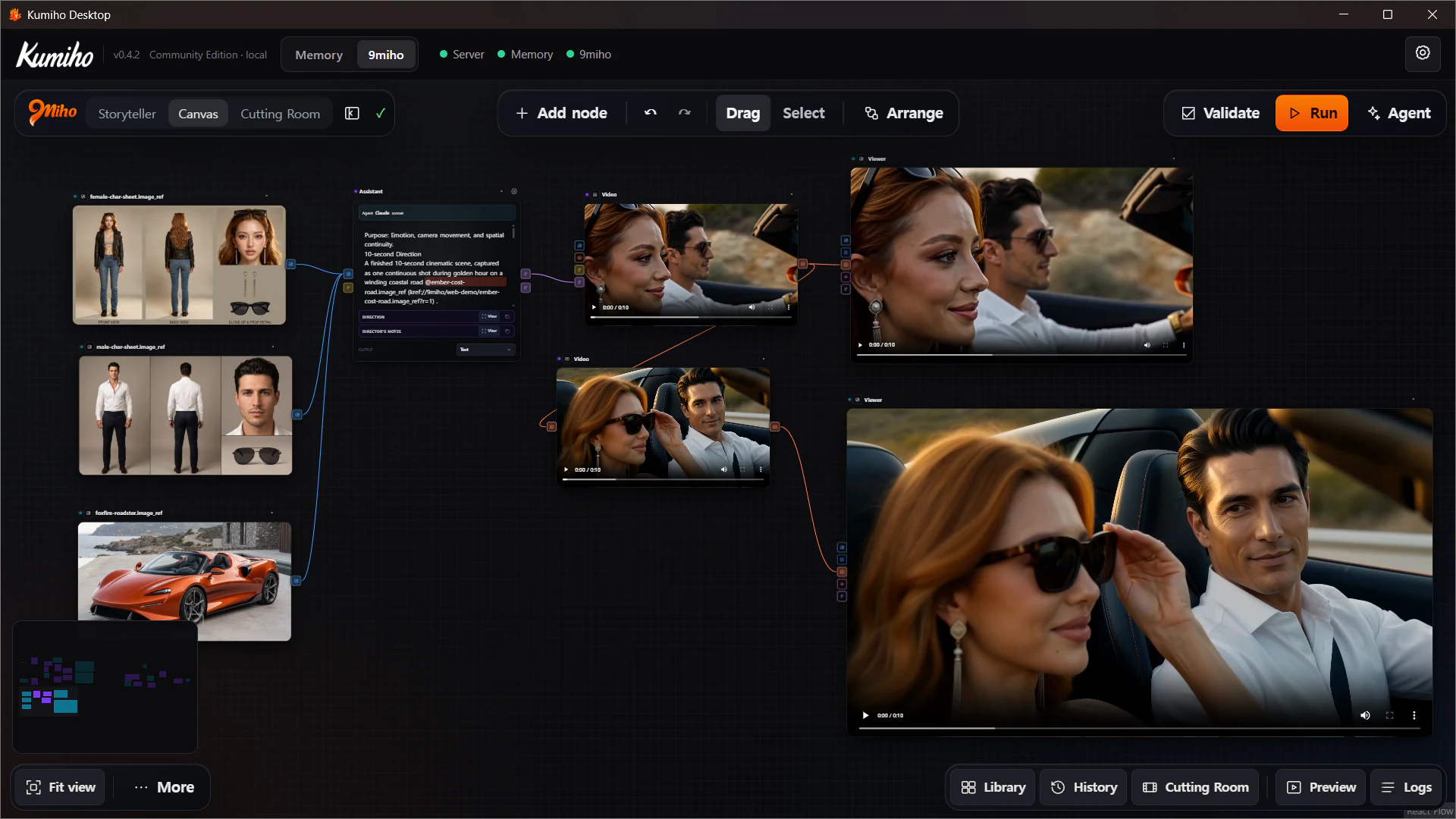 Canvas revision picker over a graph with generated video outputs