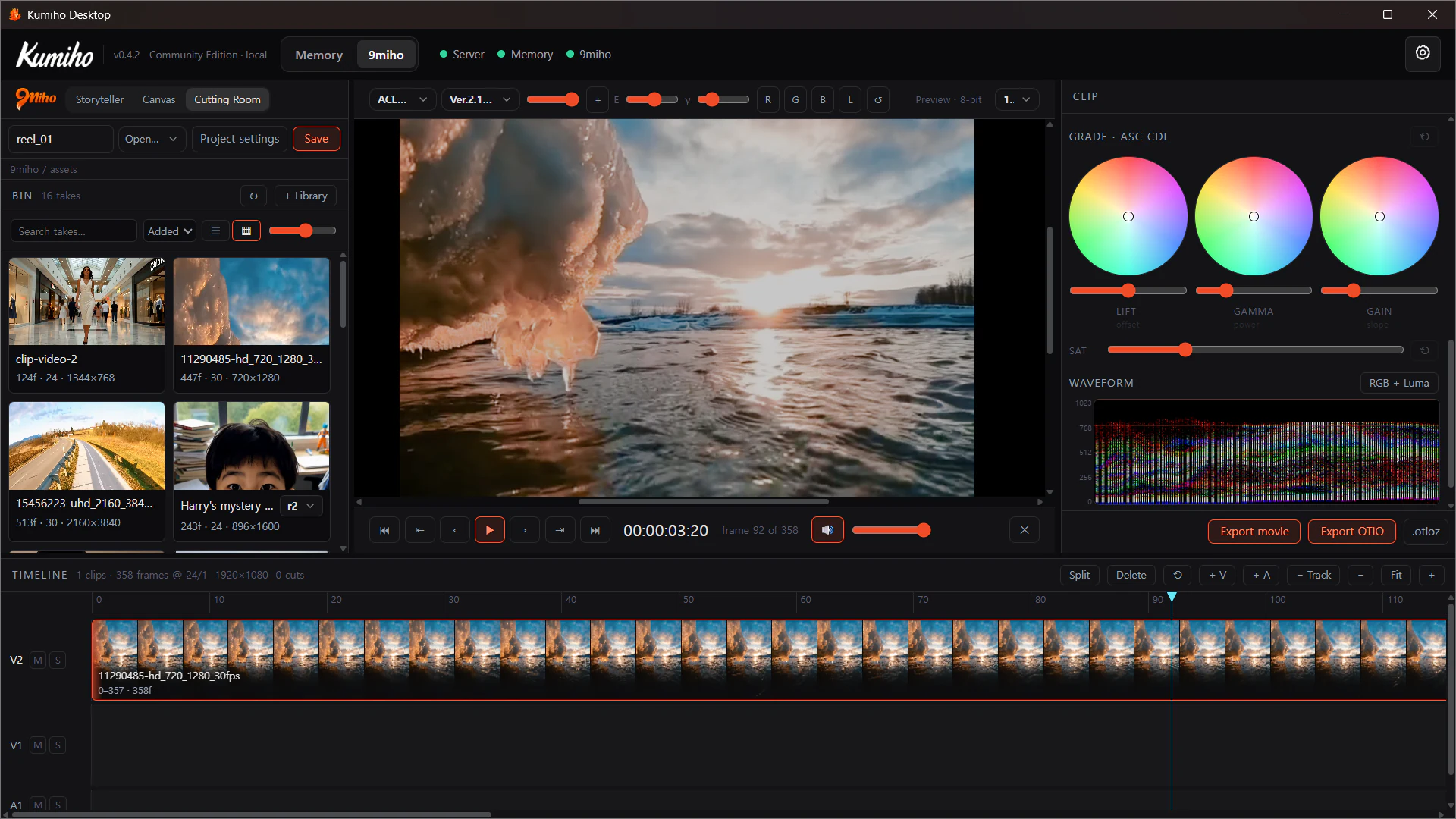 Selected Cutting Room Clip with ASC CDL controls, RGB and Luma waveform, Viewer, and Timeline