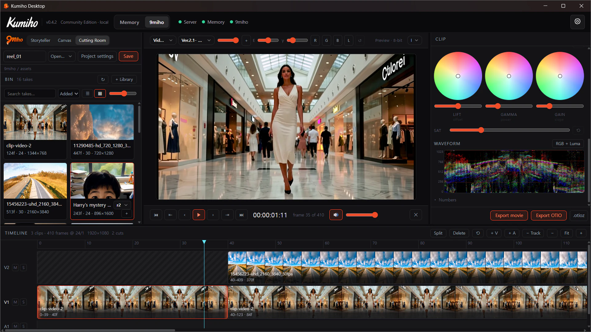 Cutting Room with Bin, Viewer, colour controls, and a multi-Clip Timeline