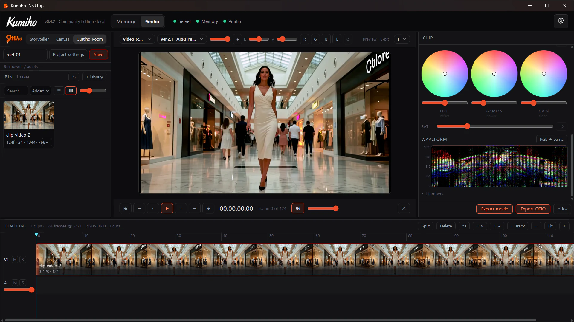 9Miho Cutting Room with Viewer, colour controls, and Timeline