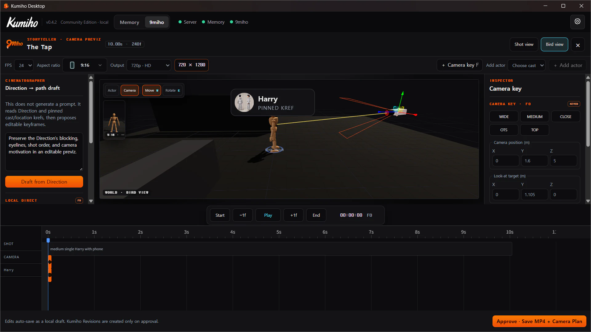 3D camera previz in Bird view with an actor, camera key, and Timeline
