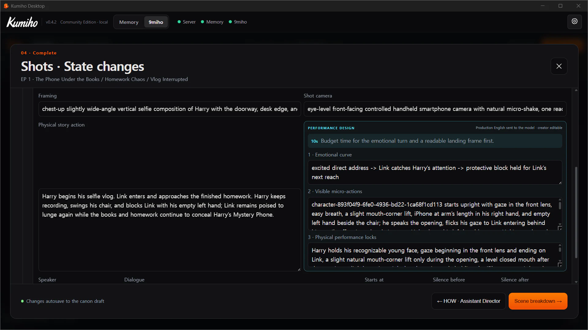 Shot editor showing camera, story action, and performance design