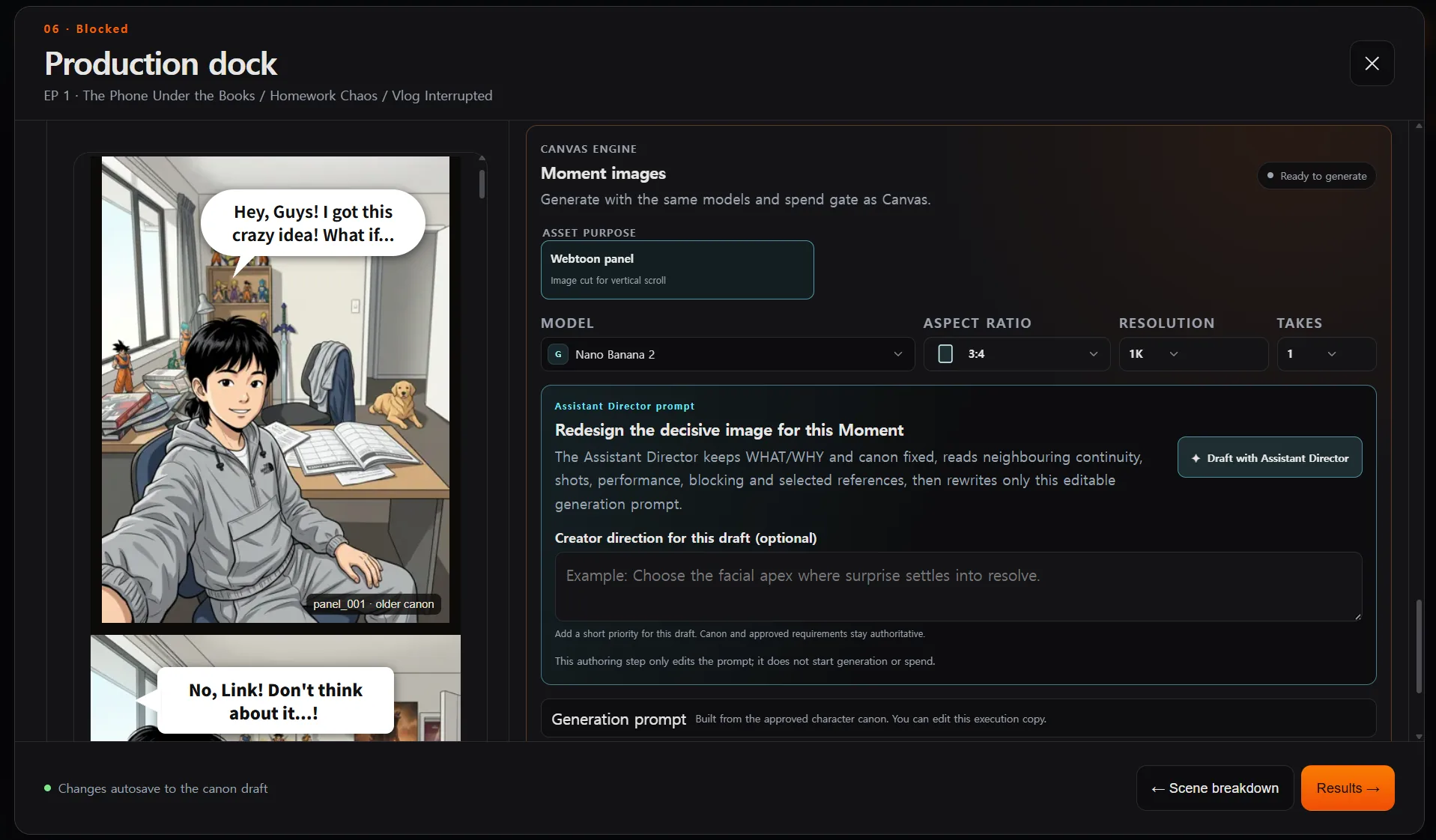Storyteller Production dock with a selected vertical Webtoon panel, Assistant Director prompt, model settings, and generated Takes