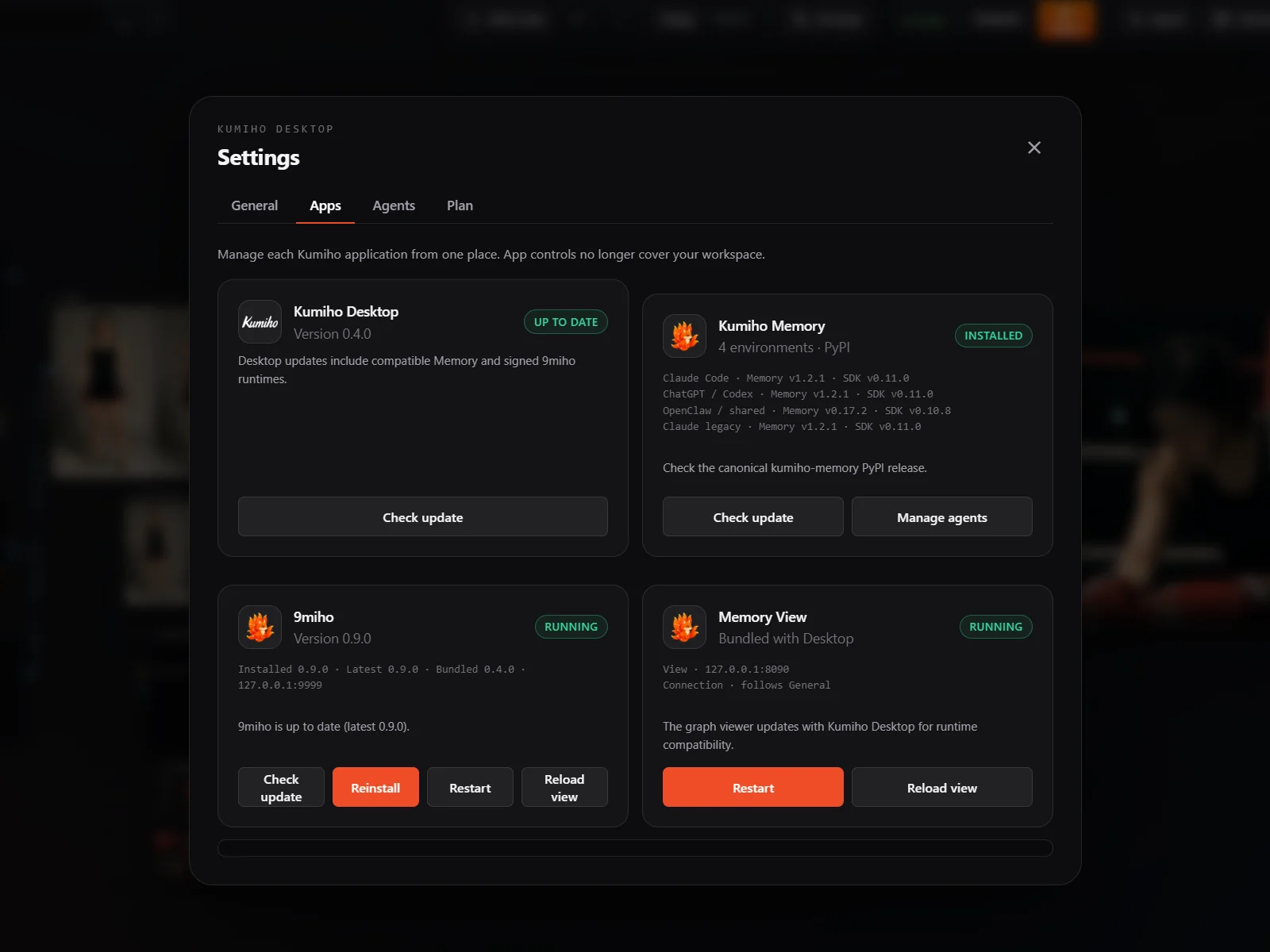 Kumiho Desktop Apps settings showing 9Miho runtime status and update, reinstall, and restart controls
