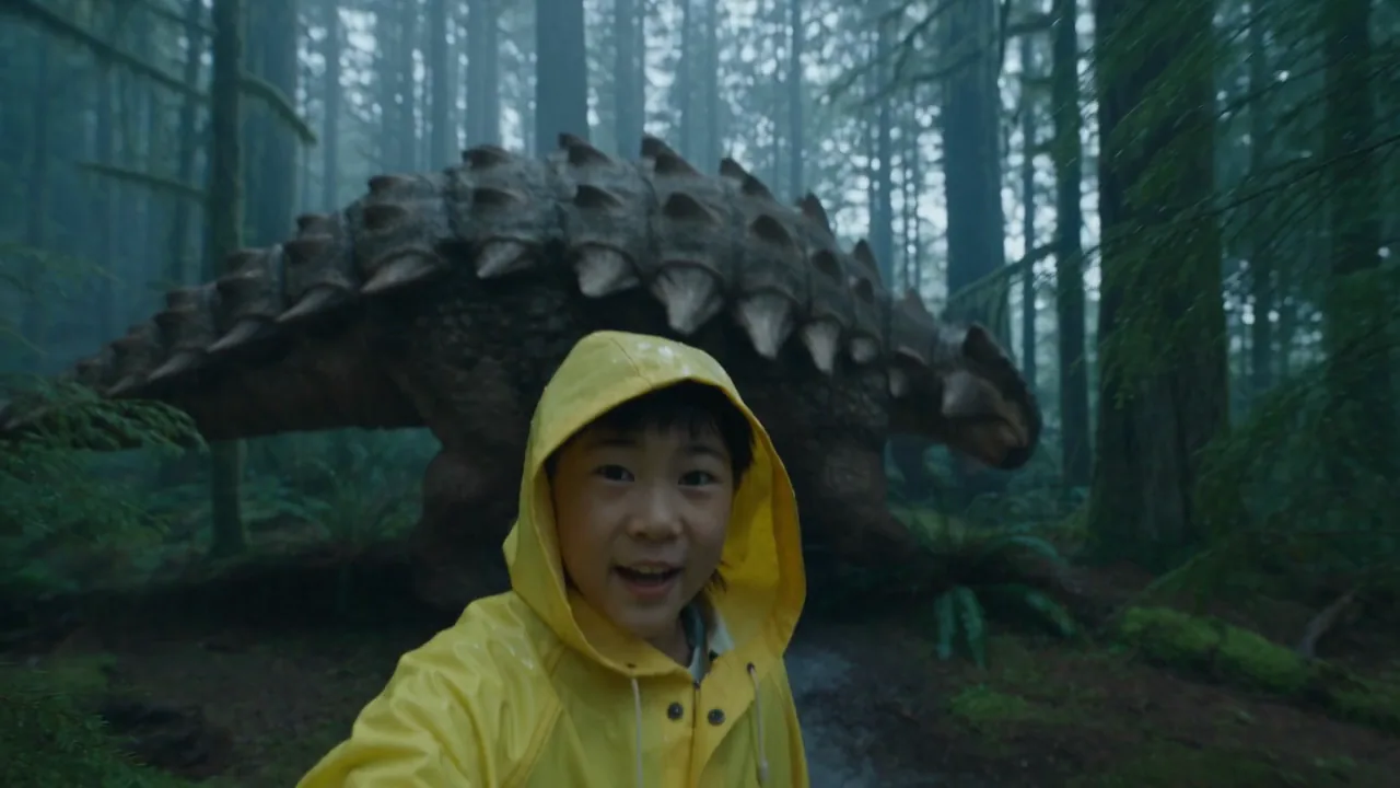 A child in a yellow raincoat turns toward the camera on a rainy forest path, an armoured dinosaur moving behind them.