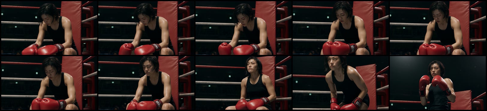 Ten chronological frames showing the boxer's emotional transition from exhaustion to resolve