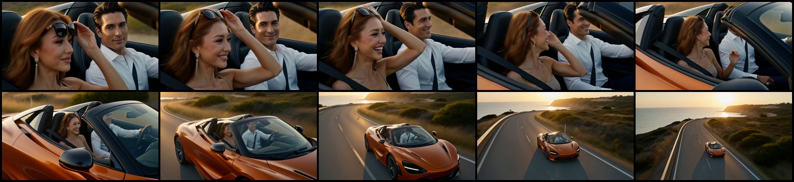 Ten chronological frames showing Open Road expand from a close portrait to a wide coastal view