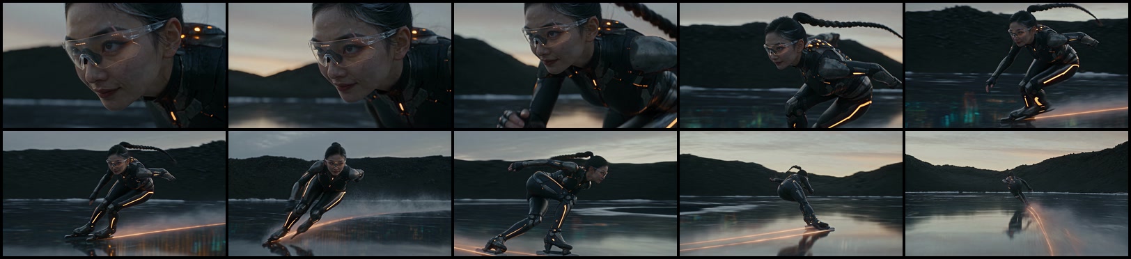 Ten chronological frames showing the skater move from a facial close-up into a fast illuminated carve